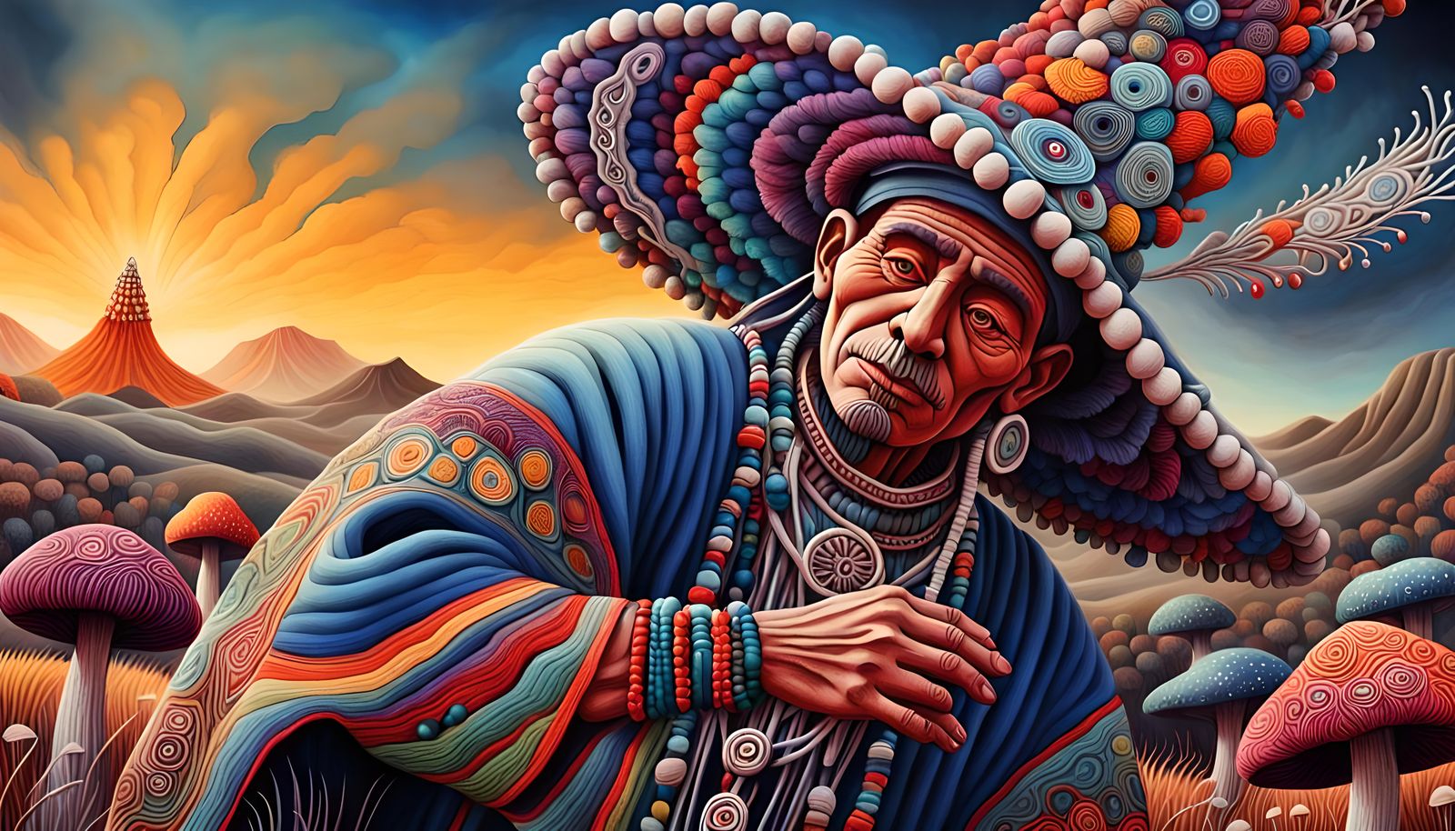 Shaman in Otherworldly Meadow: Chiaroscuro Yarn Painting