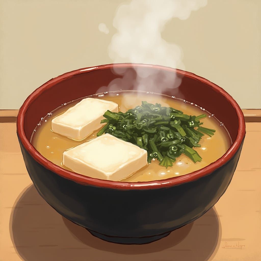 Miso Soup in Japanese Bowl, Digital Watercolor Style