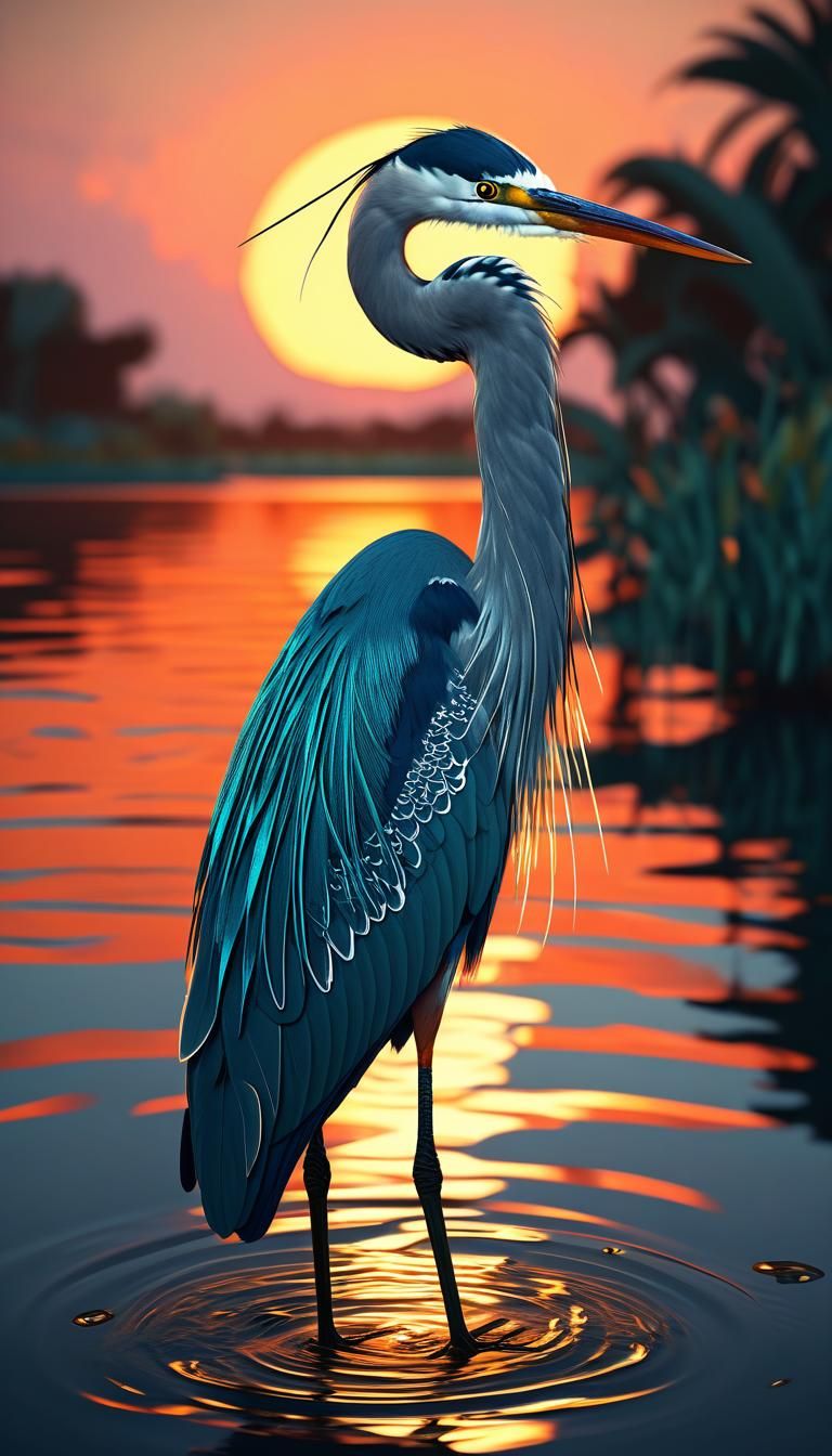 Heron on Lagoon at Sunset: Hyperdetailed Concept Art