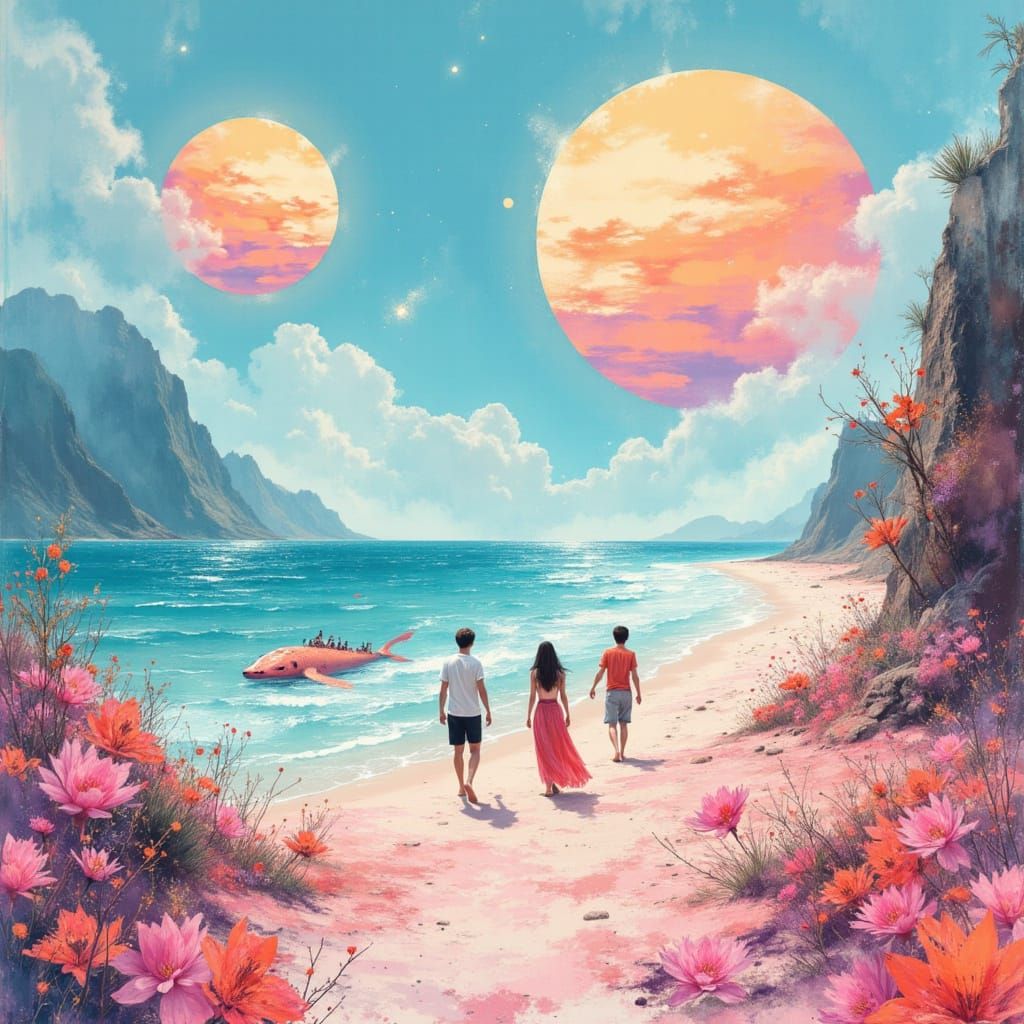 Alien Beach Scene with Sea Monsters and Twin Suns