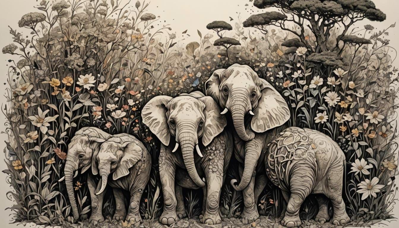 Colorful Impressionistic Ink Drawing of Three Kittens