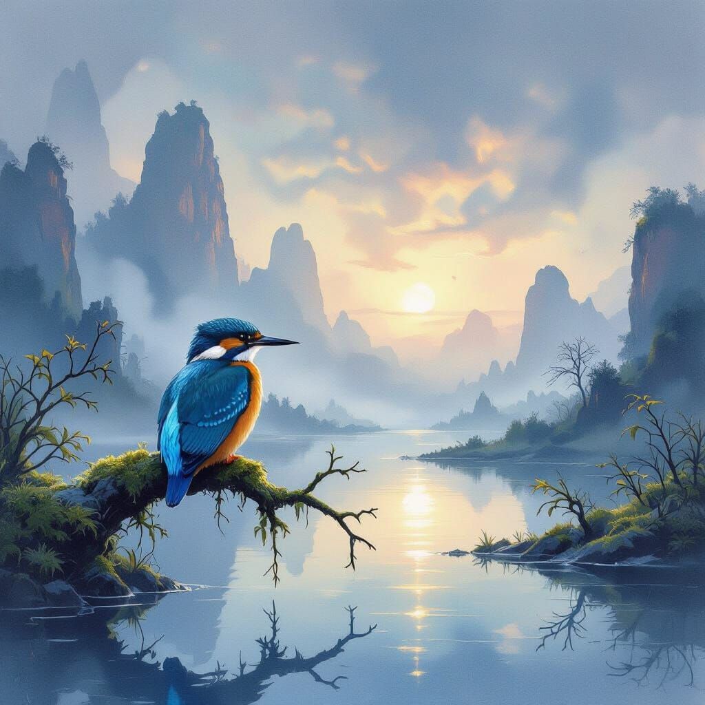 Kingfisher Over Dreamlike Twilight Landscape