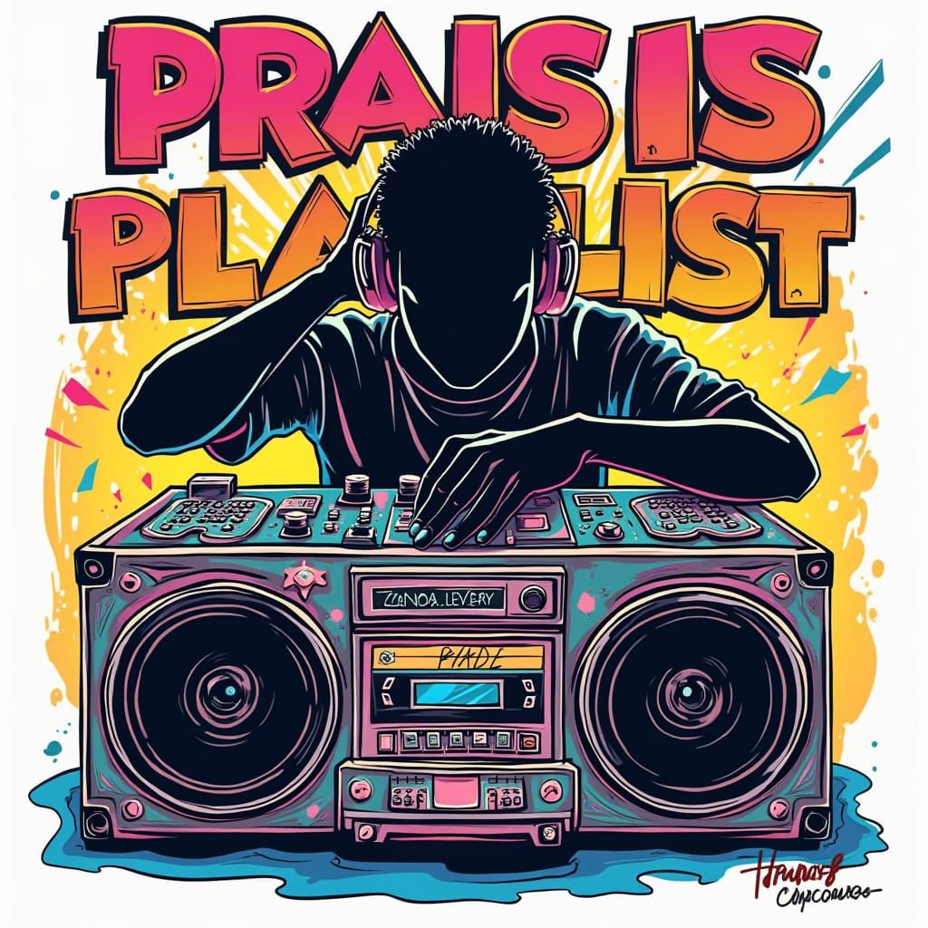 90s Boombox DJ Silhouette in Vibrant Urban Street Art Style