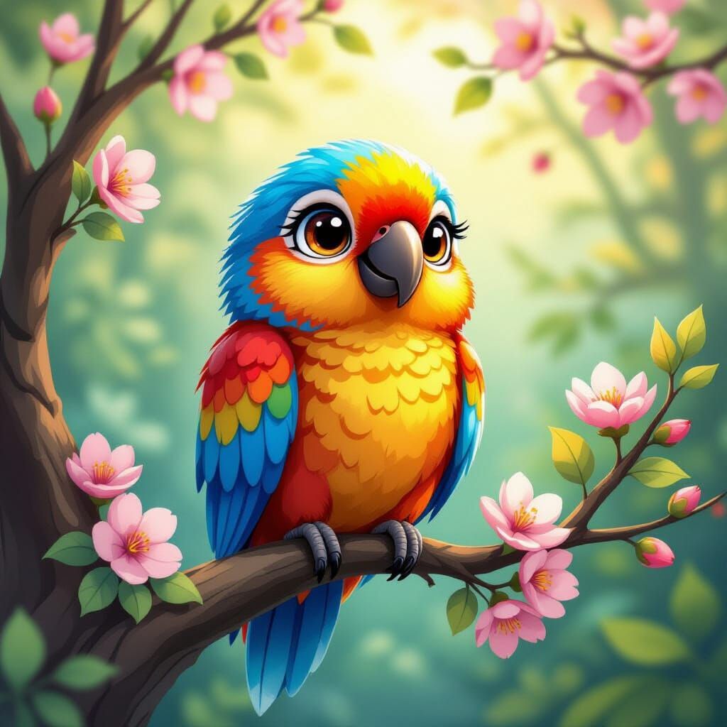 Playful Parrot in Enchanted Forest: Flat Illustration