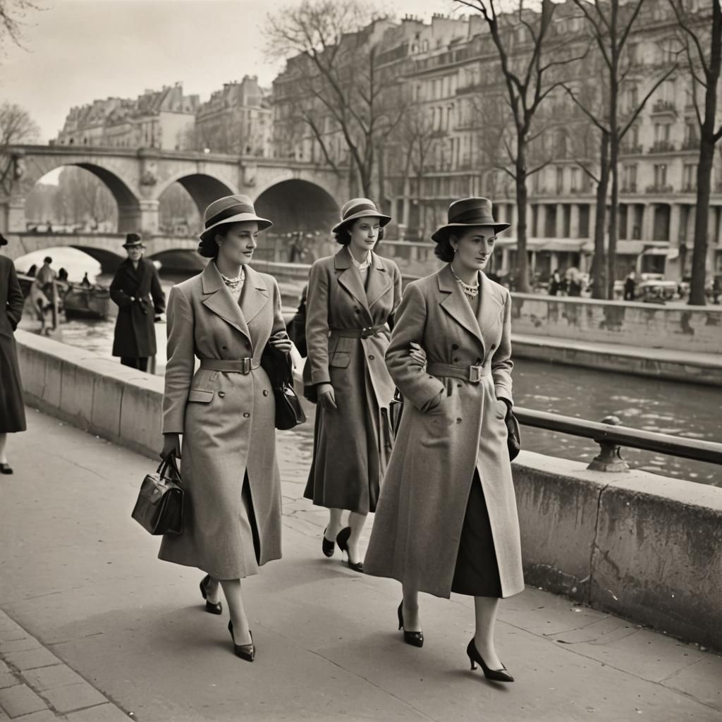 Elegant Women Walking Near Seine River, Paris 1940