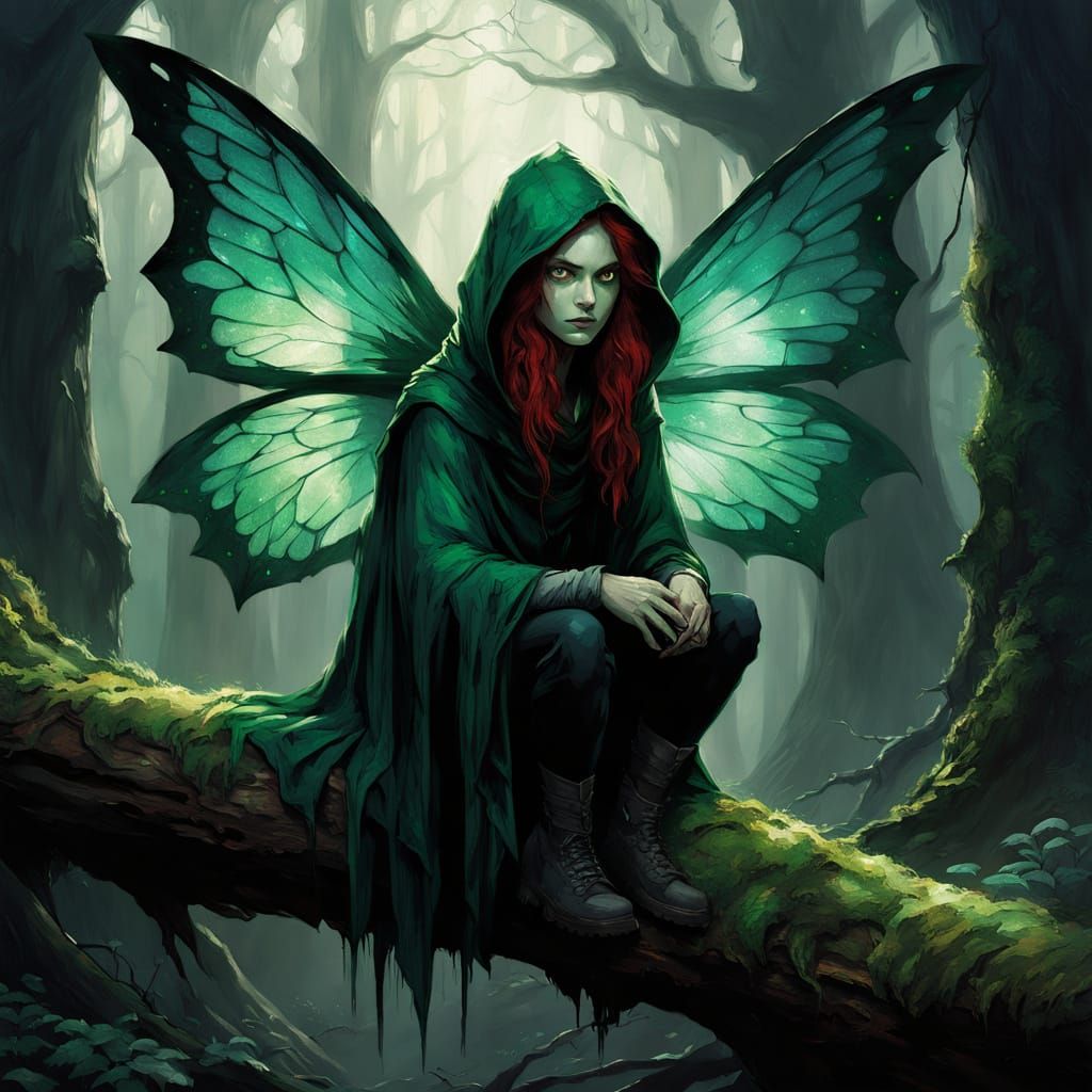 Mysterious Fairy Perched on Ancient Tree Trunk