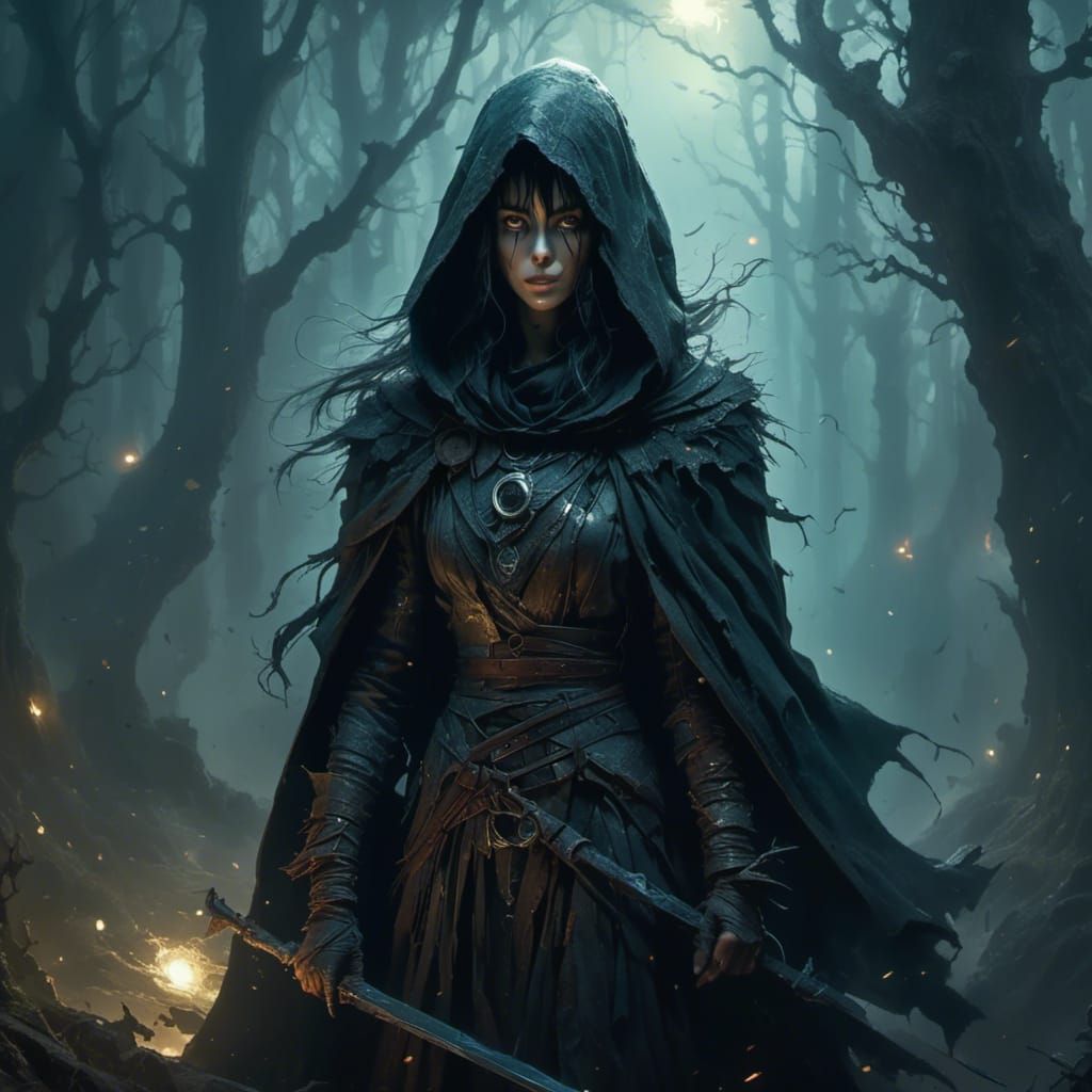 Mysterious Druid Woman in Misty Forest, Dark Fantasy Art