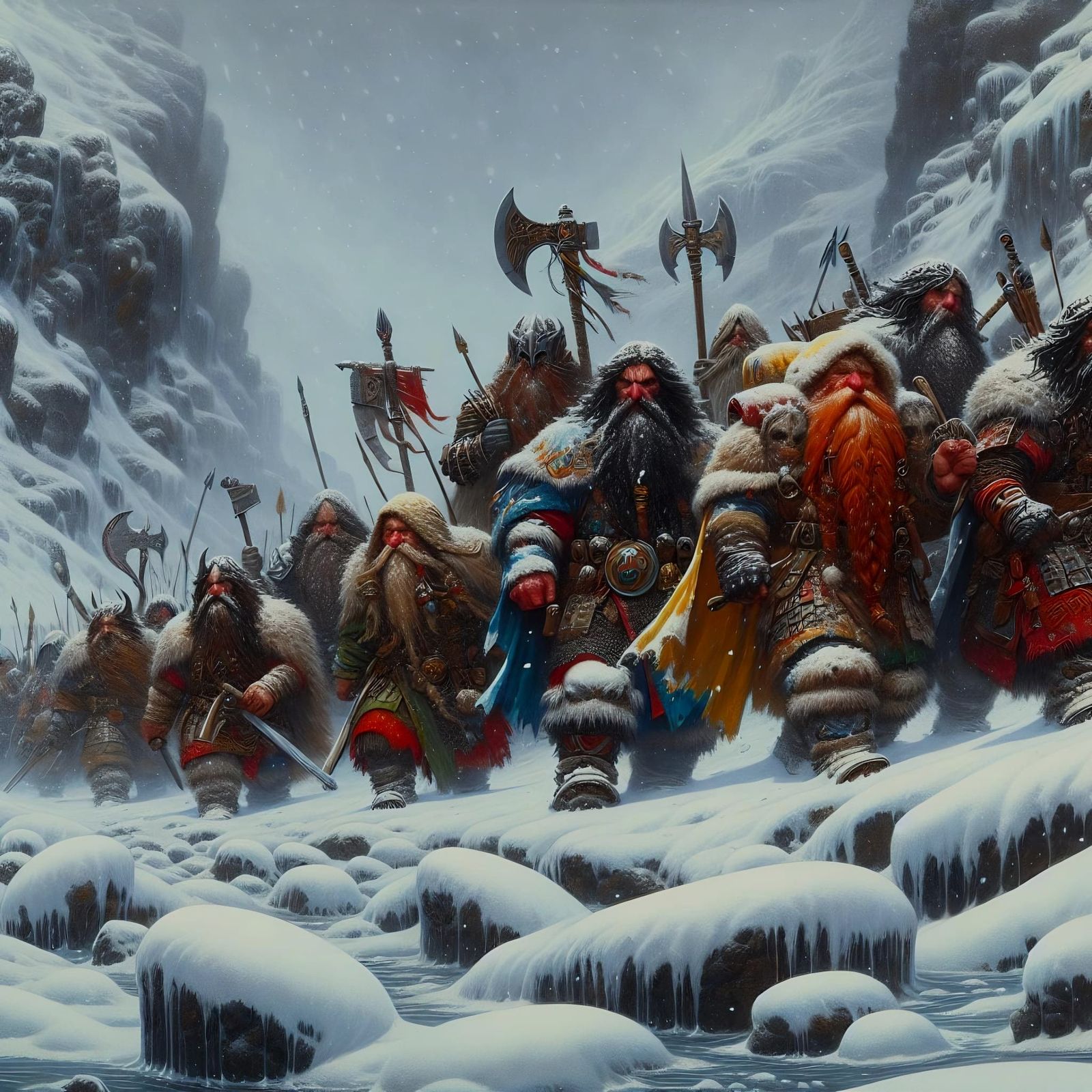 Dwarf Warriors Brave Blizzard in Desolate Landscape