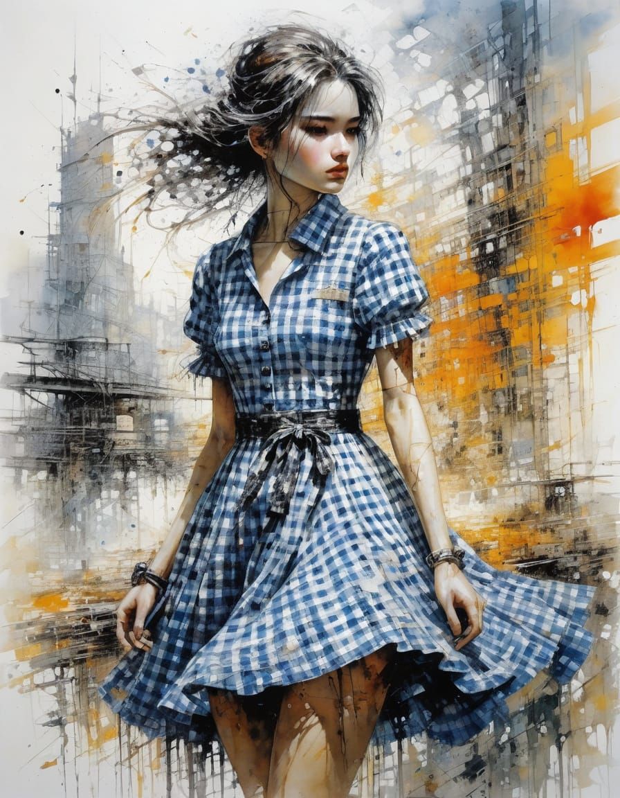 Gingham Dress Girl: Abstract Digital Art