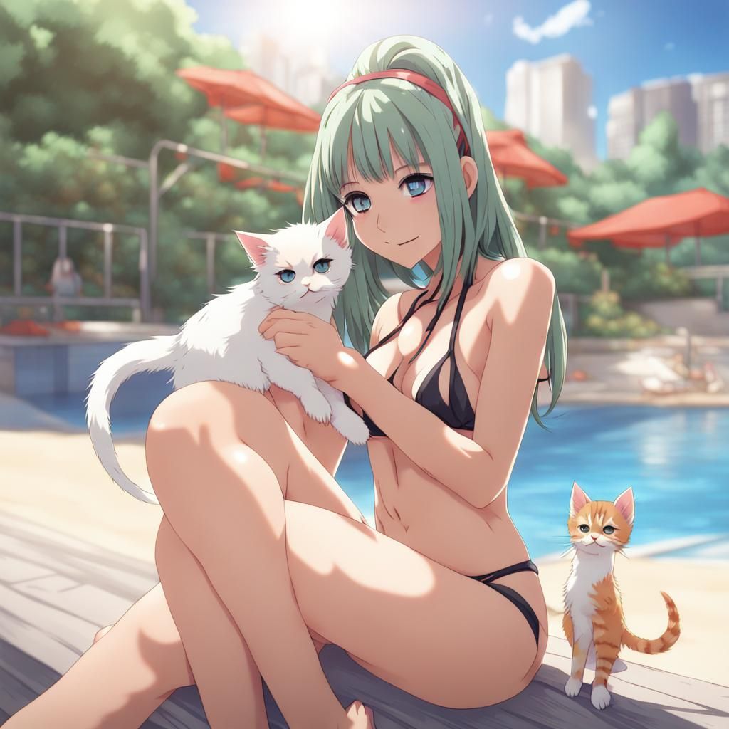 Anime Girl with Kitten in Bikini