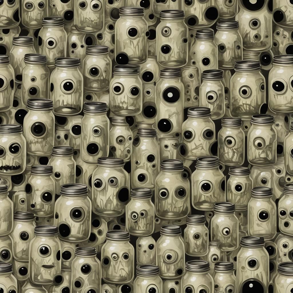 Gothic Creature Cradling Jars of Eyes and Dreams