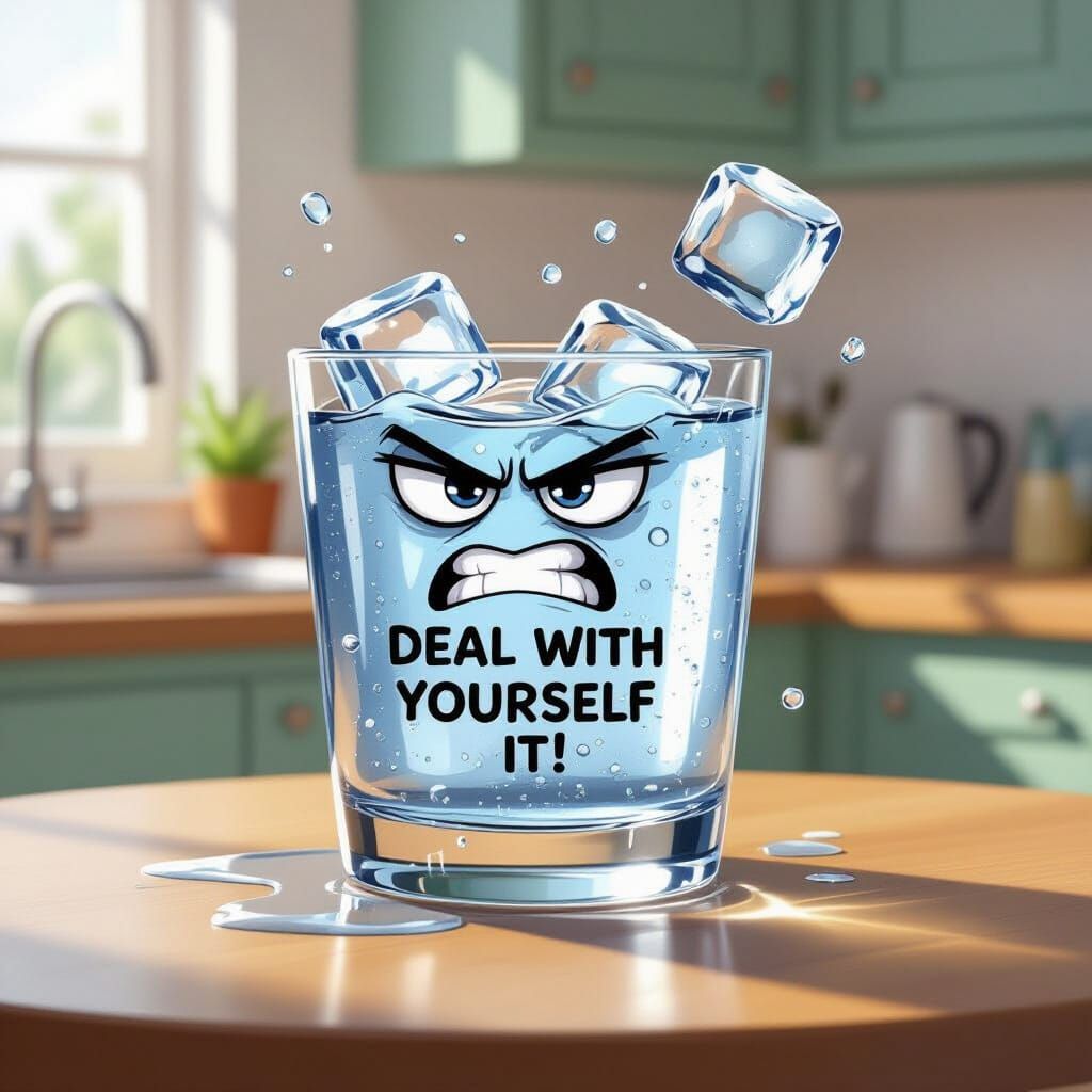 Angry Glass of Water Escaping Ice Cube on Kitchen Table