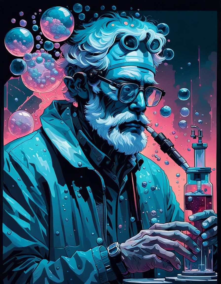 Vaporwave Scientist Observing Floating Genomes