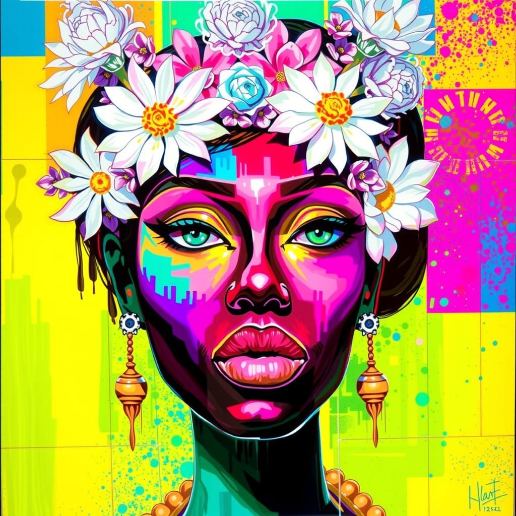Pop Art Portrait of Black Woman with Daisy Crown