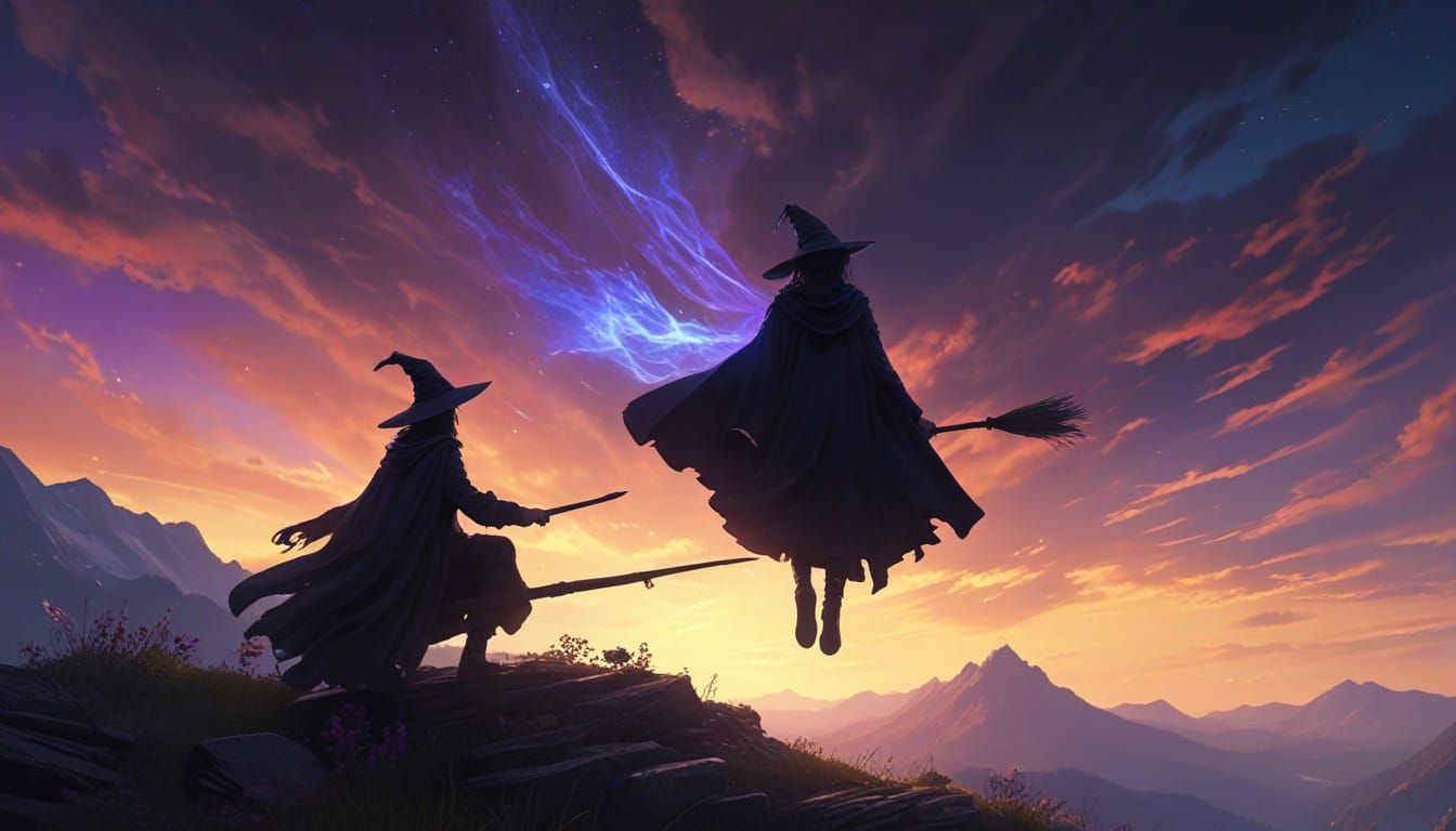 Witches Flying on Broomsticks Under Aurora Sky