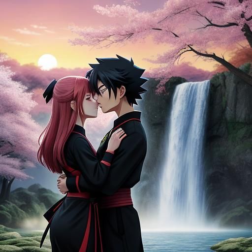 Anime Kiss in Sakura Forest Sunset