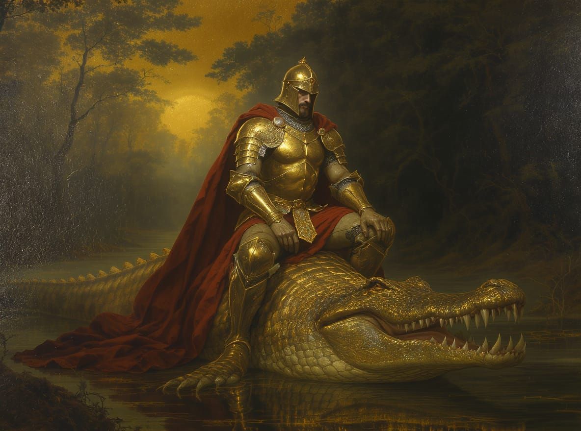 Knight on Crocodile in Mystical Marshland: Pre-Raphaelite St...