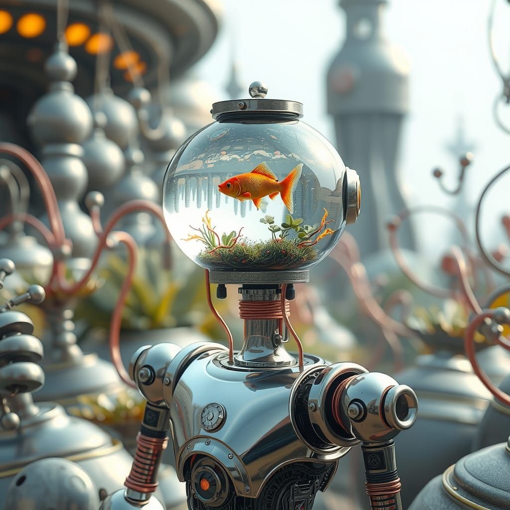 Robot with Aquatic Head in Futuristic Garden