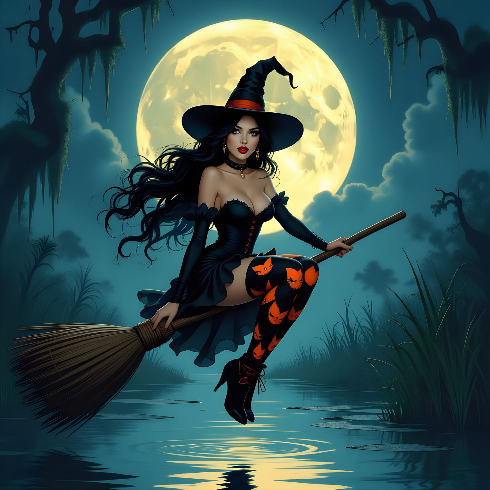 Witch Hovers Over Dark Swamp Under Full Moon