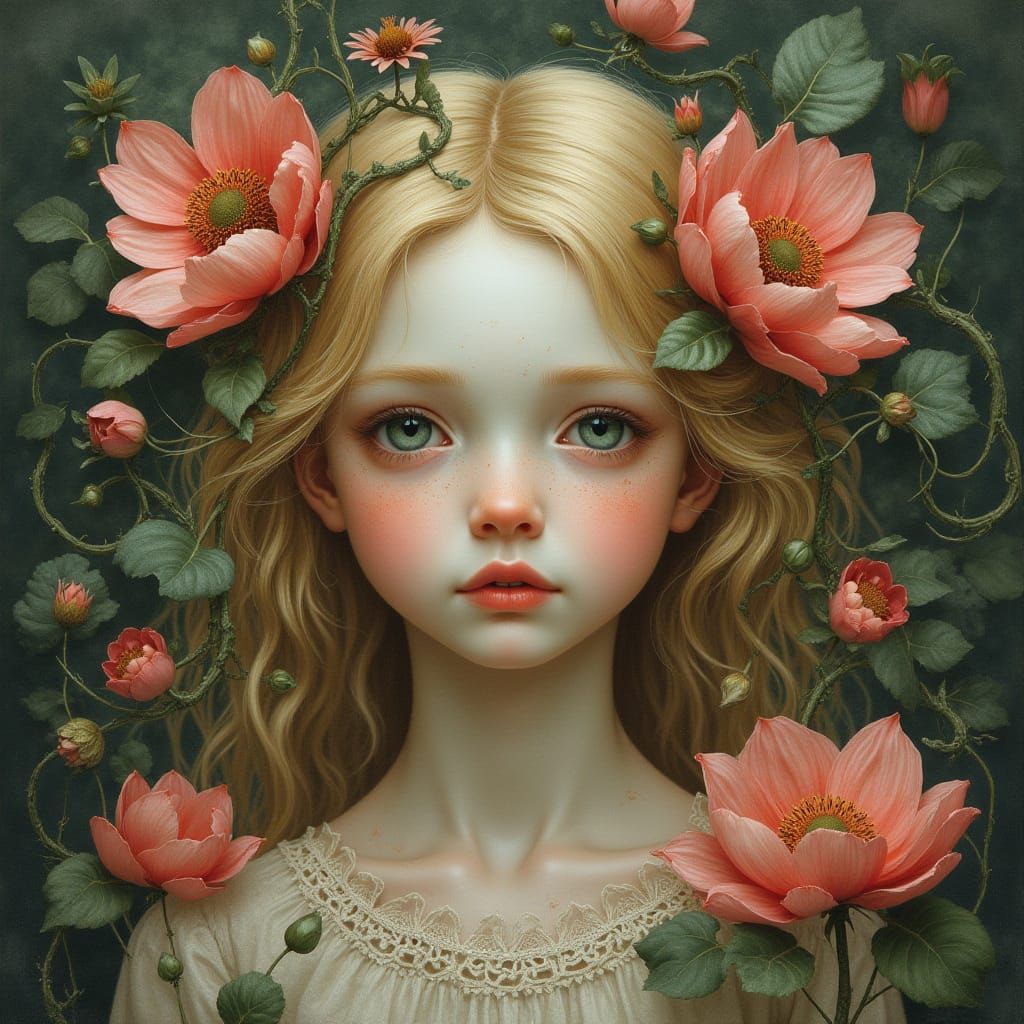 Whimsical Floral Goddess in Soft, Dreamlike Style