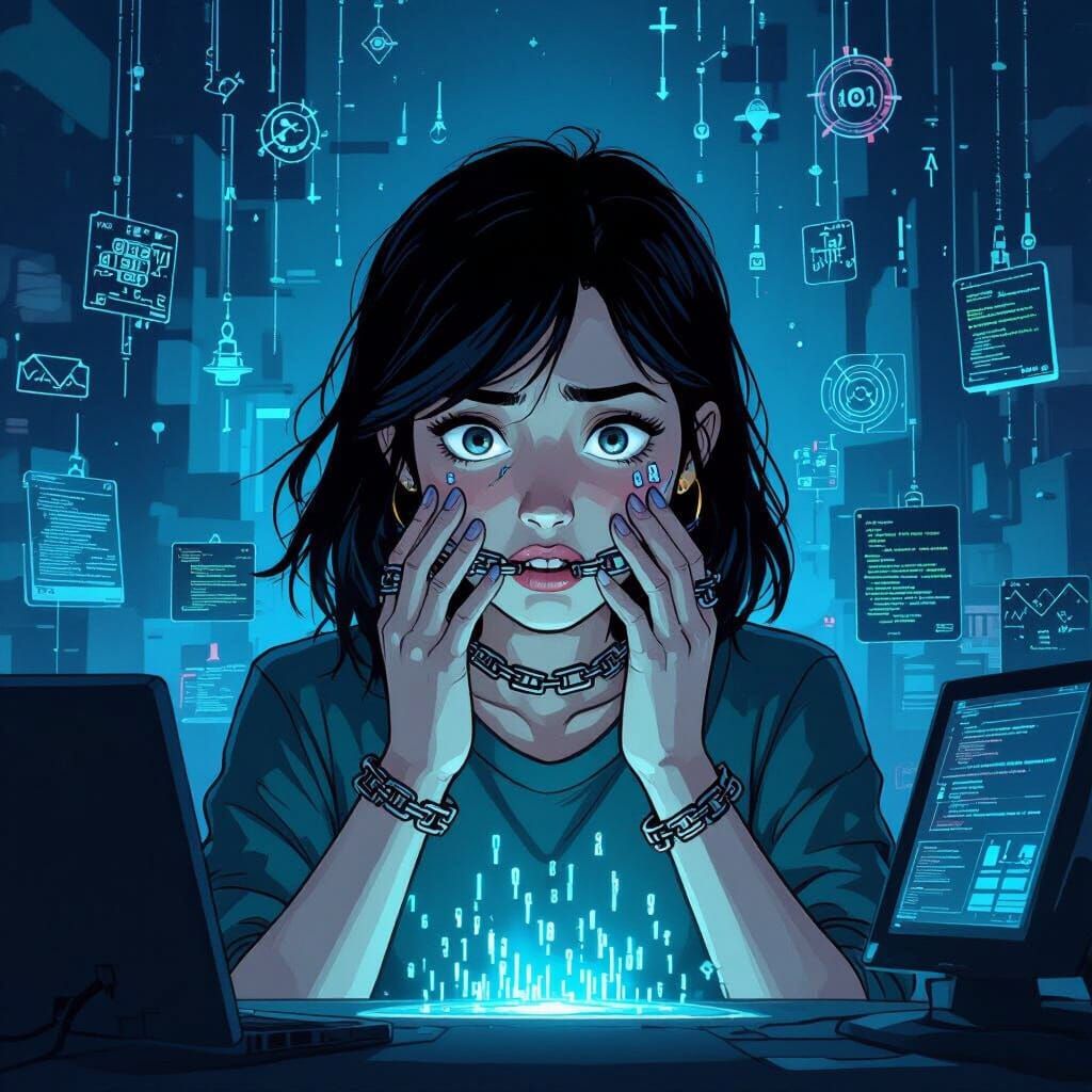 Frustrated Person Censored by Digital Chains in Futuristic S...