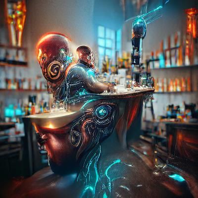 Cyborg Bartender in Detailed Digital Art Style