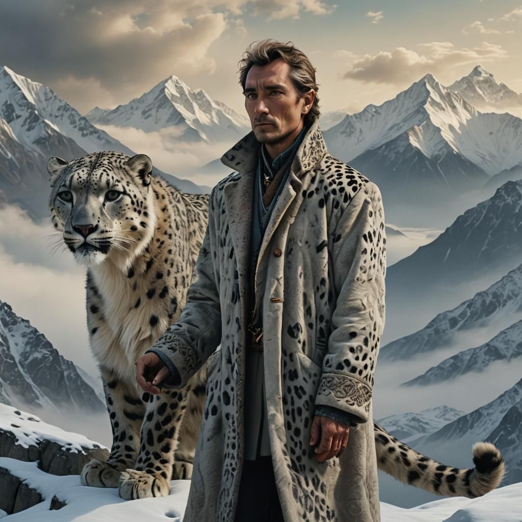 Man and Snow Leopard in Surreal Himalayan Landscape