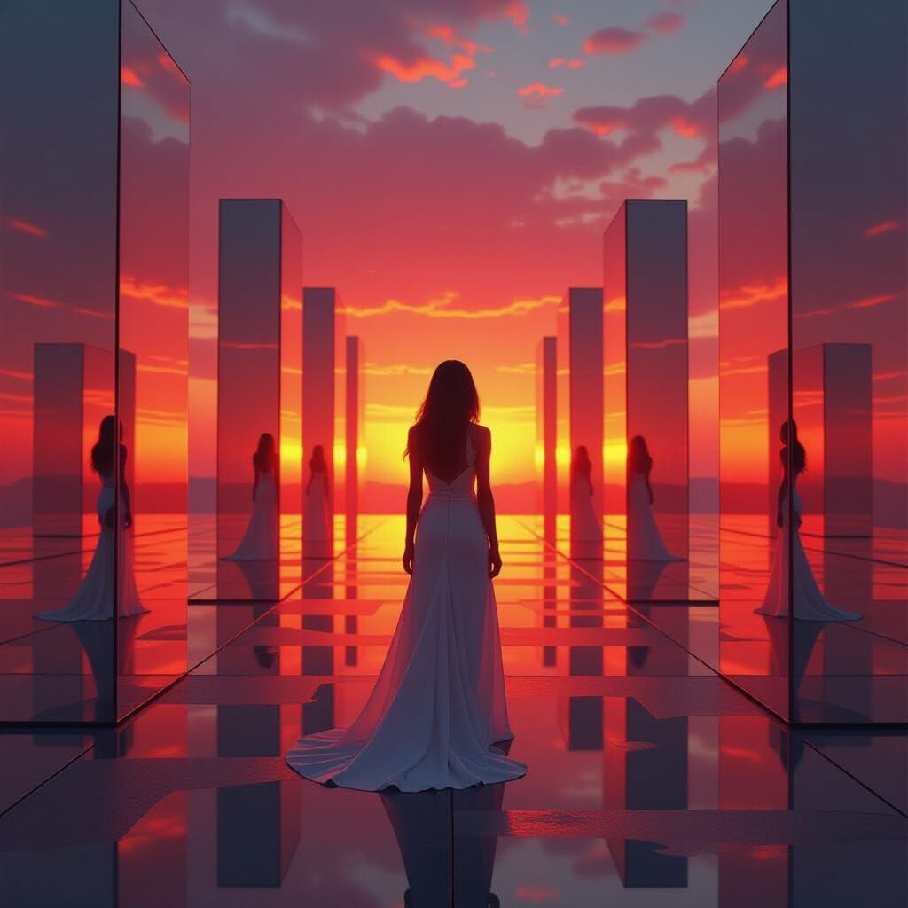 Woman in Mirror Maze at Sunset in Futuristic Style