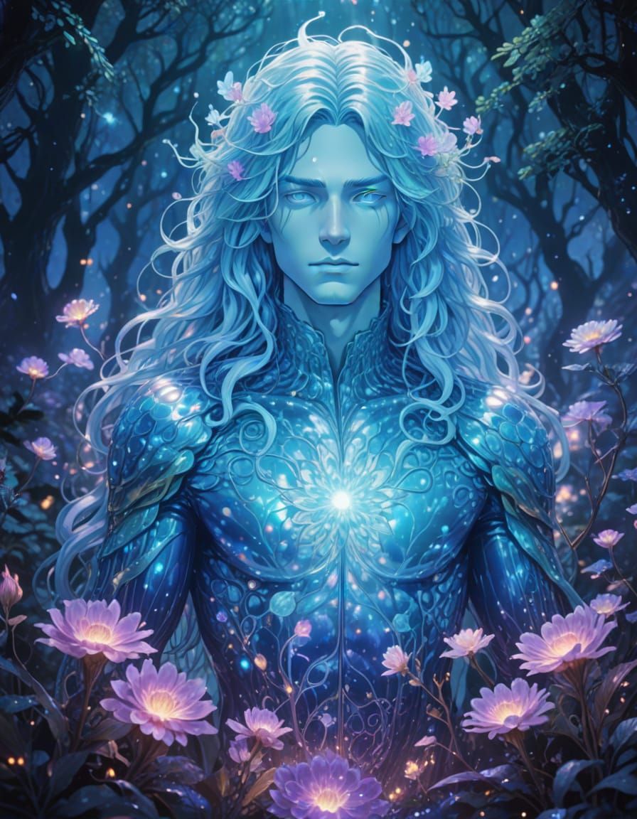 Enchanted Fantasy Creature in Vibrant Bioluminescent Forest