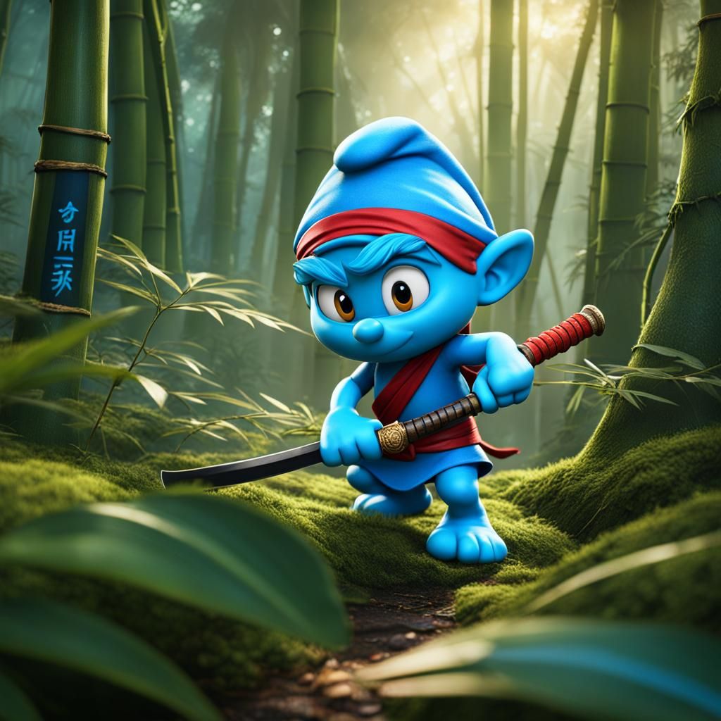 Ninja Smurf in Bamboo Forest: Detailed Matte Painting