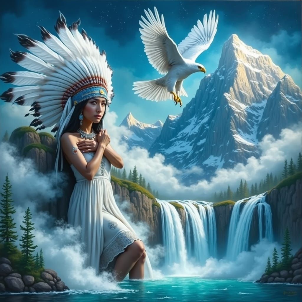 *Oil on canvas, magic realism, serene and ethereal composition. 
*A mystical Native woman with a feathered headdress sta...