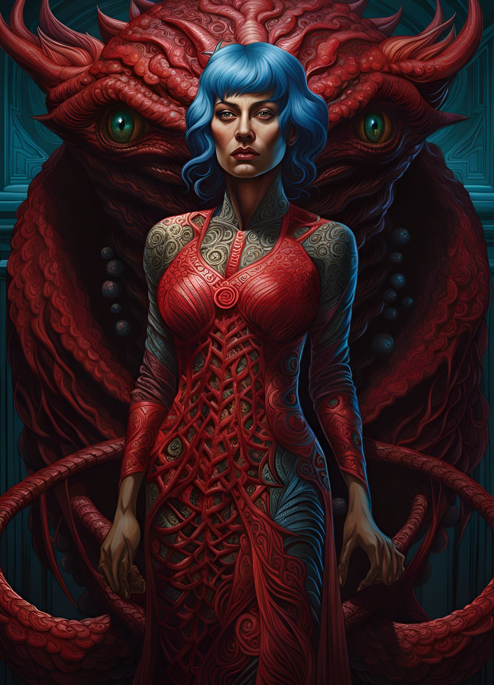 Horrifying Female Creature Portrait in Horror Color Scheme