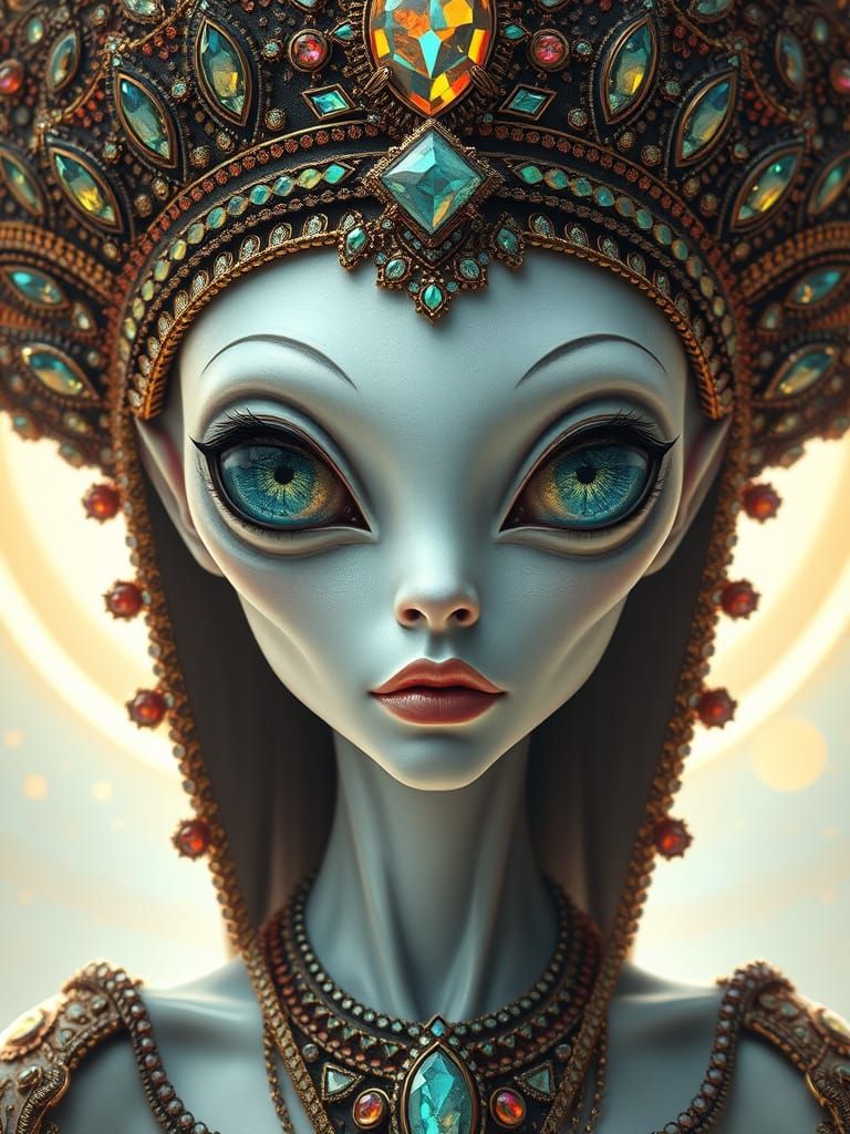 Surreal Cosmic Goddess with Opal Iris and Gemstone Headdress