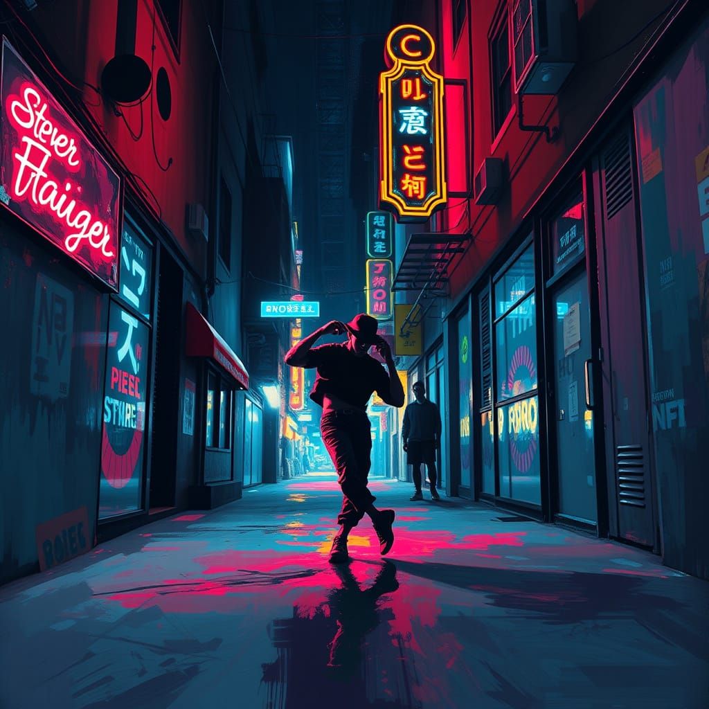 Neon Street Dancer in Gritty Urban Alley