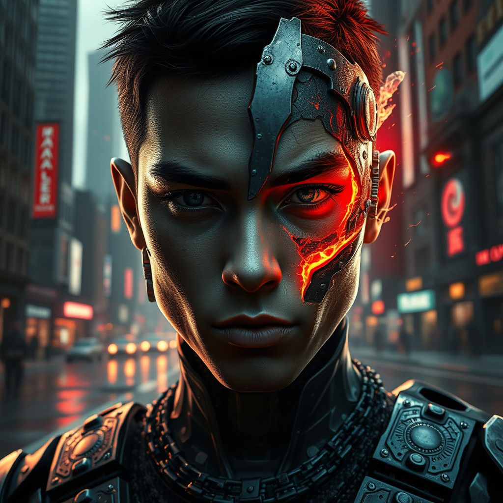 Biomechanical Warrior in Dystopian Cityscape, Cinematic 8K R...