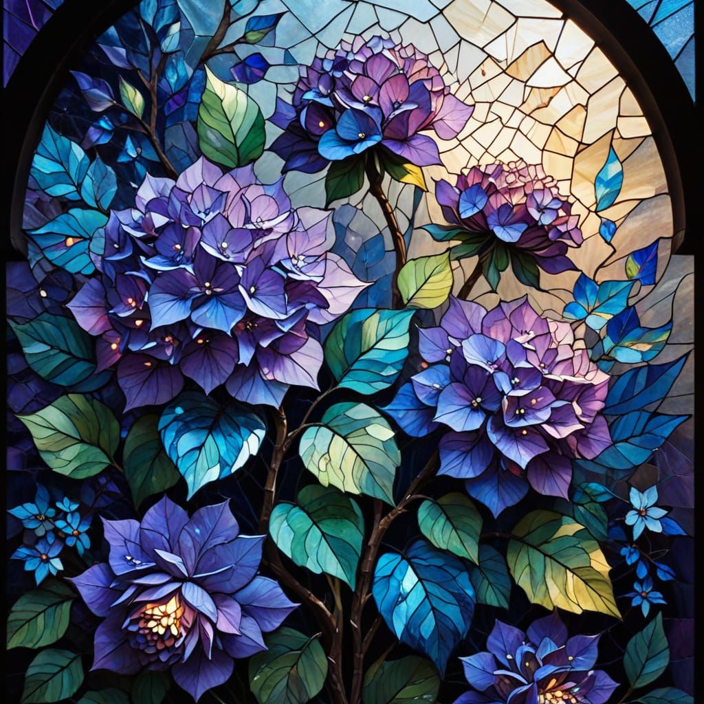 Mythical Hydrangeas in Glowing Stained Glass