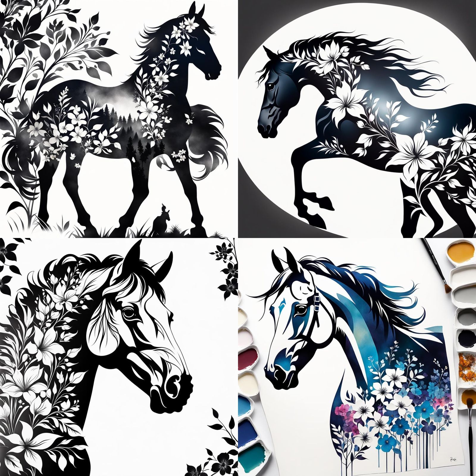 Horse Silhouette with Floral Double Exposure in Cartoon Styl...