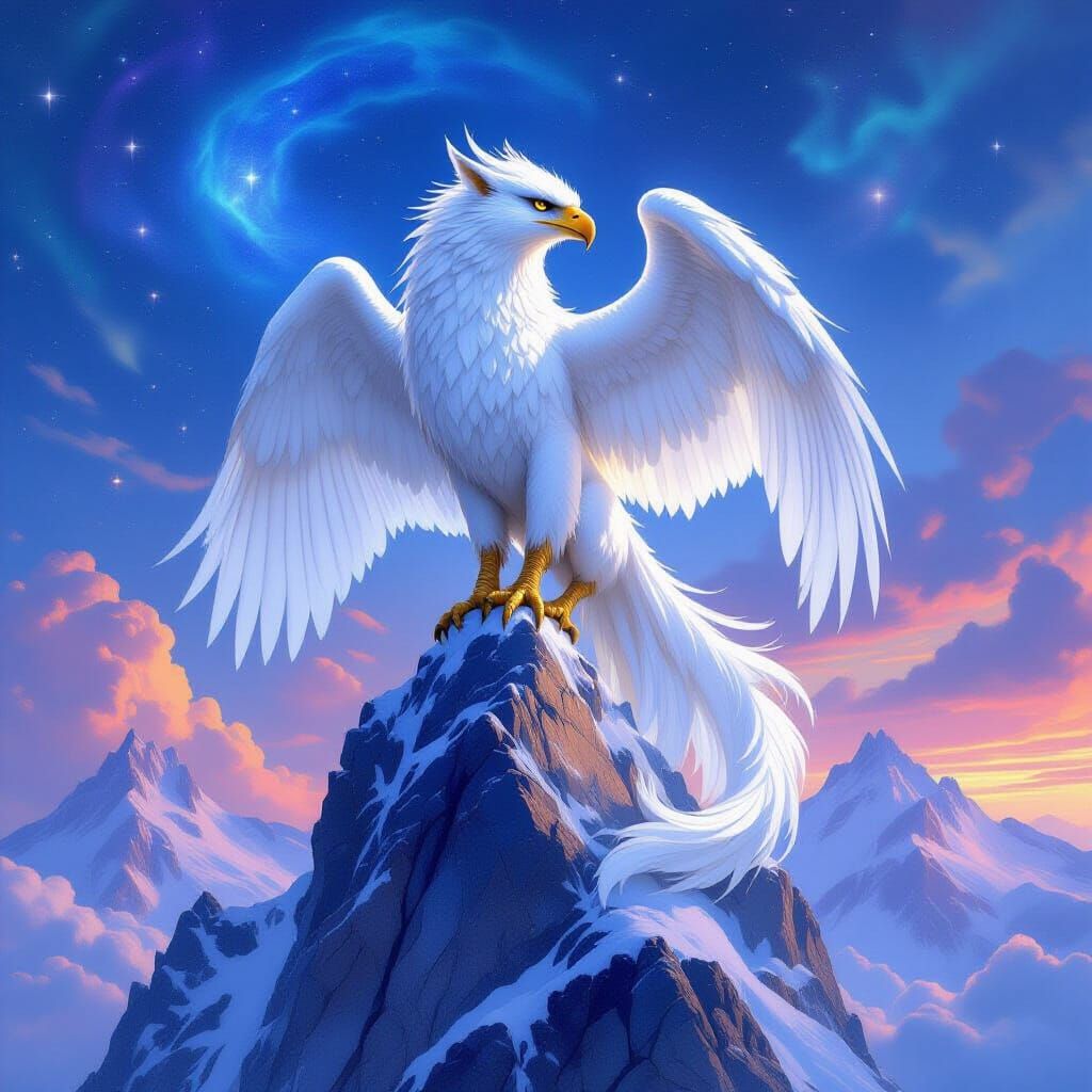 Gryphon on Crystalline Peak in Art Nouveau Style