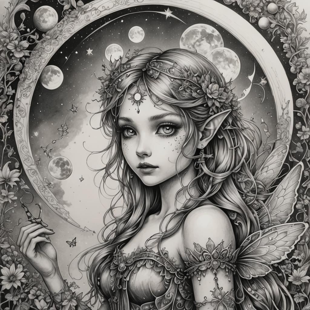 Hyperdetailed Pencil Sketch of Rainbow Fairy Moon