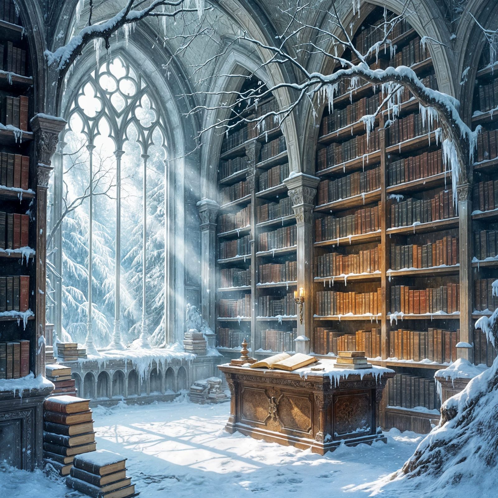 Enchanted Forest Library in Painterly Realism Style