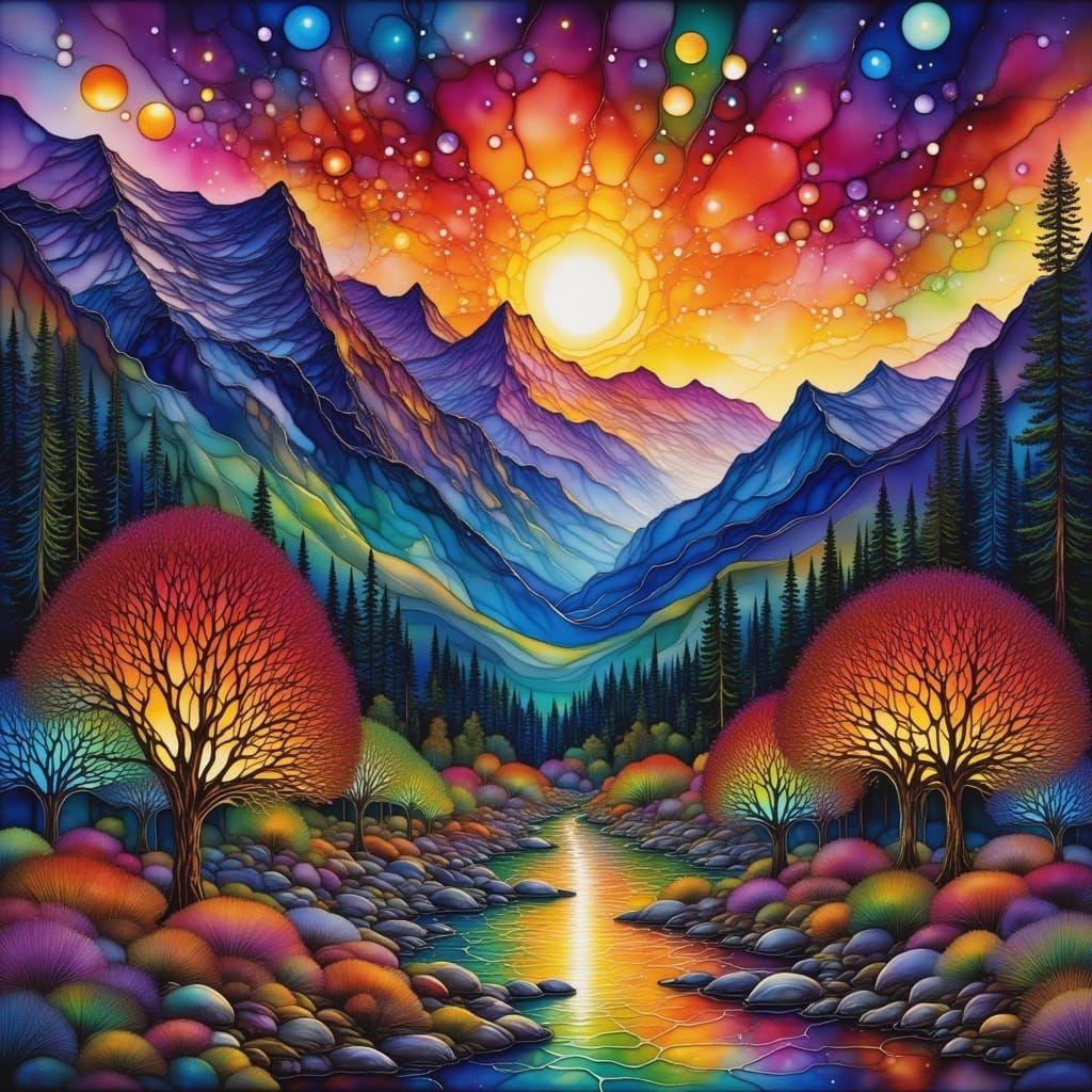 Vibrant Sunset Over Snowy Mountains and Tall Trees