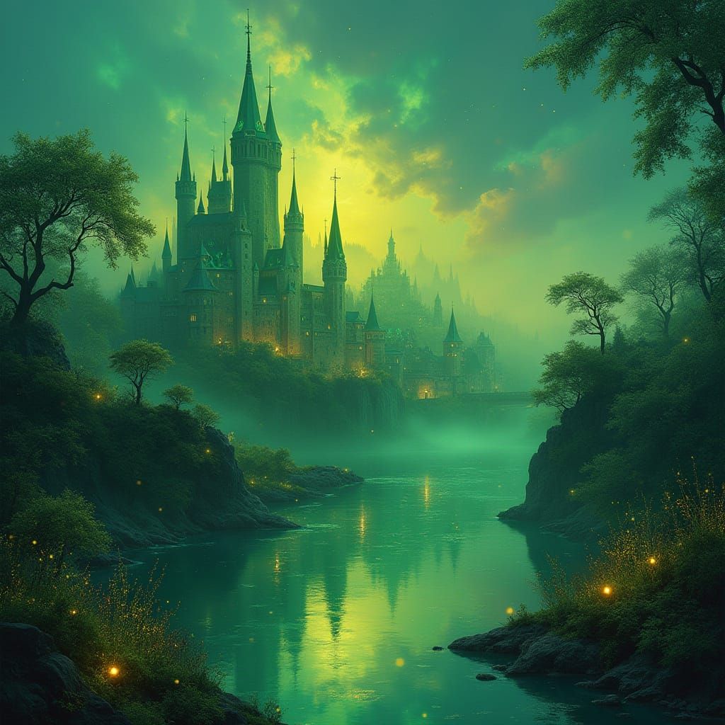 Whimsical Emerald Cityscape in Dreamy, Hyperdetailed Style