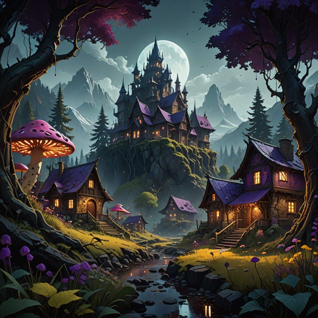 Whimsical Dark Fantasy Village in a Twisted Forest