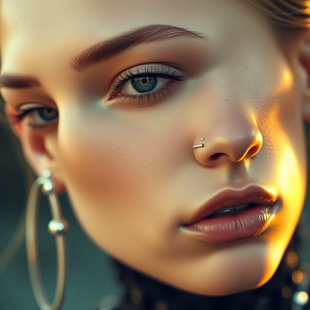 Ethereal Beauty with Intricate Piercings in a Warm, Golden L...
