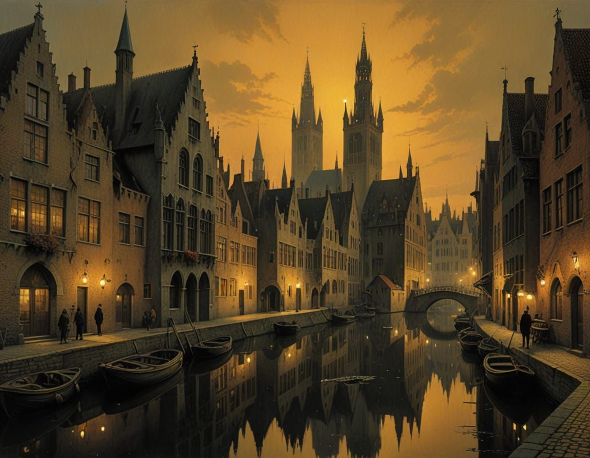 Gothic Old Town of Bruges at Sunset