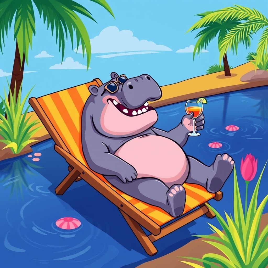 Cartoon Hippo Relaxing in Deckchair with Cocktail