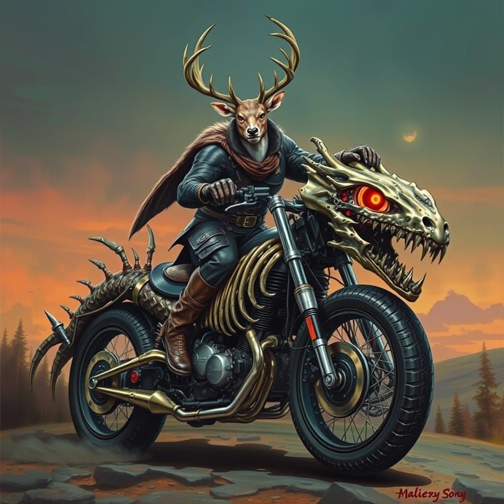 Herne the Hunter Rides Dragon Bone Motorcycle