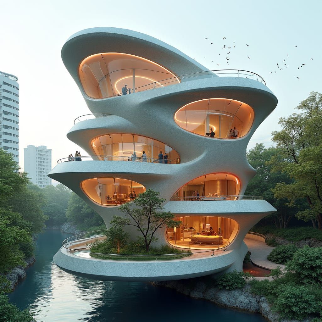 Futuristic Flower-Shaped Building in a Serene Lakefront Sett...