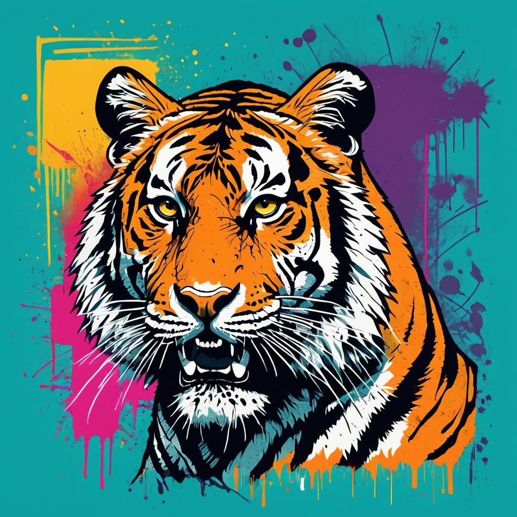 Tiger Graphic Screen Print with Graffiti Textures