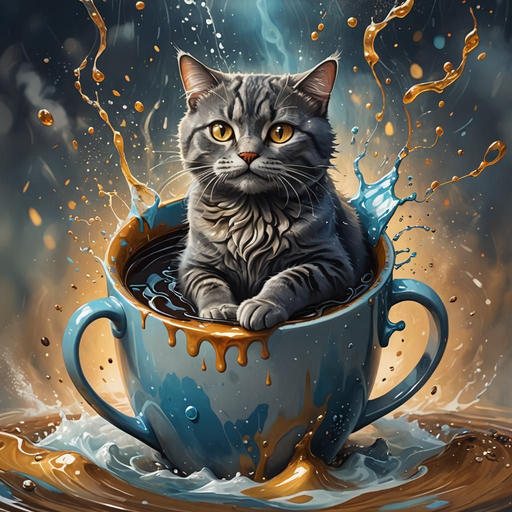 Cat Swims in Coffee Cup: Fantasy Oil Painting